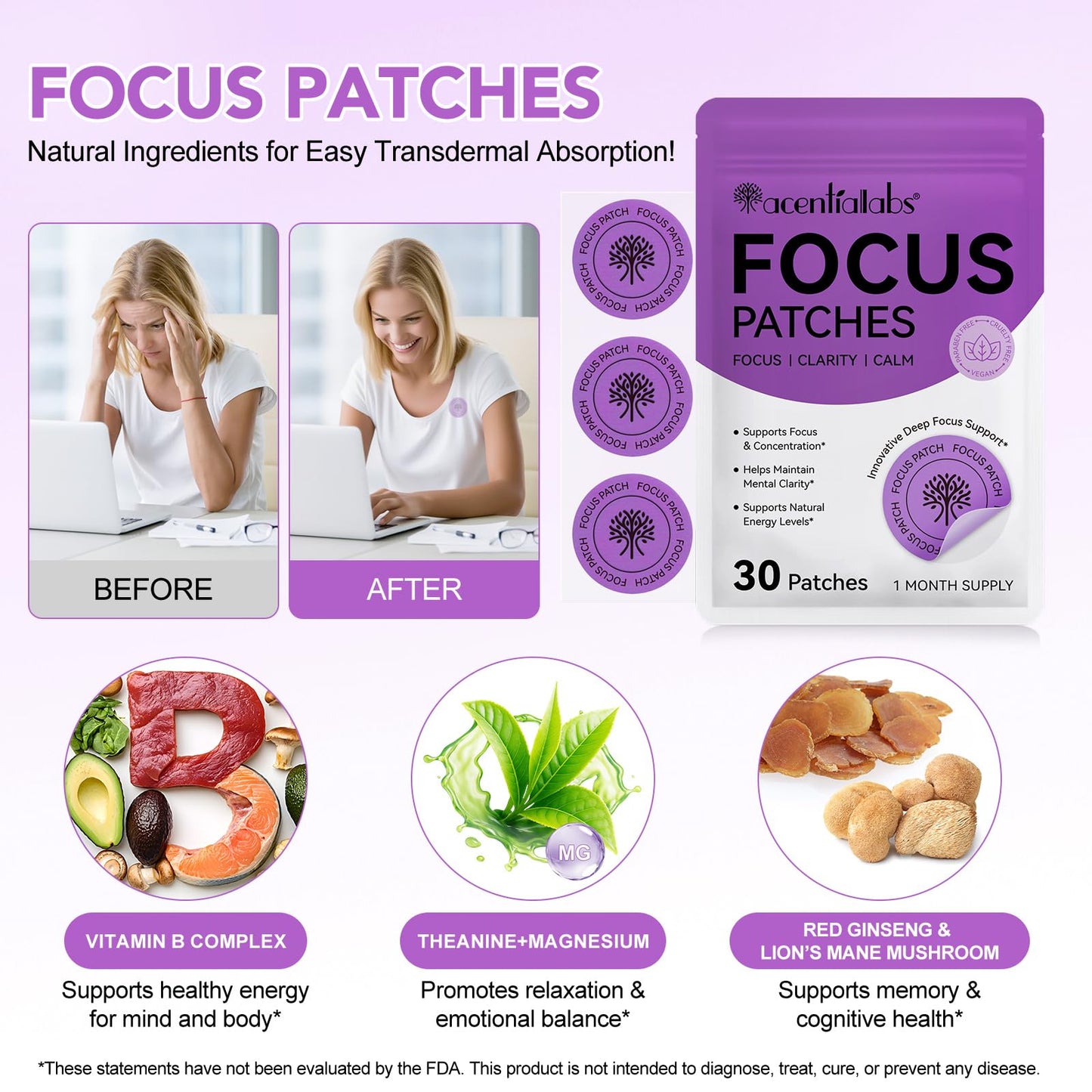 NFILVSYO Focus Patch – 100% Natural Focus Patches for Adults | Invisible & Portable | 1 Month Supply