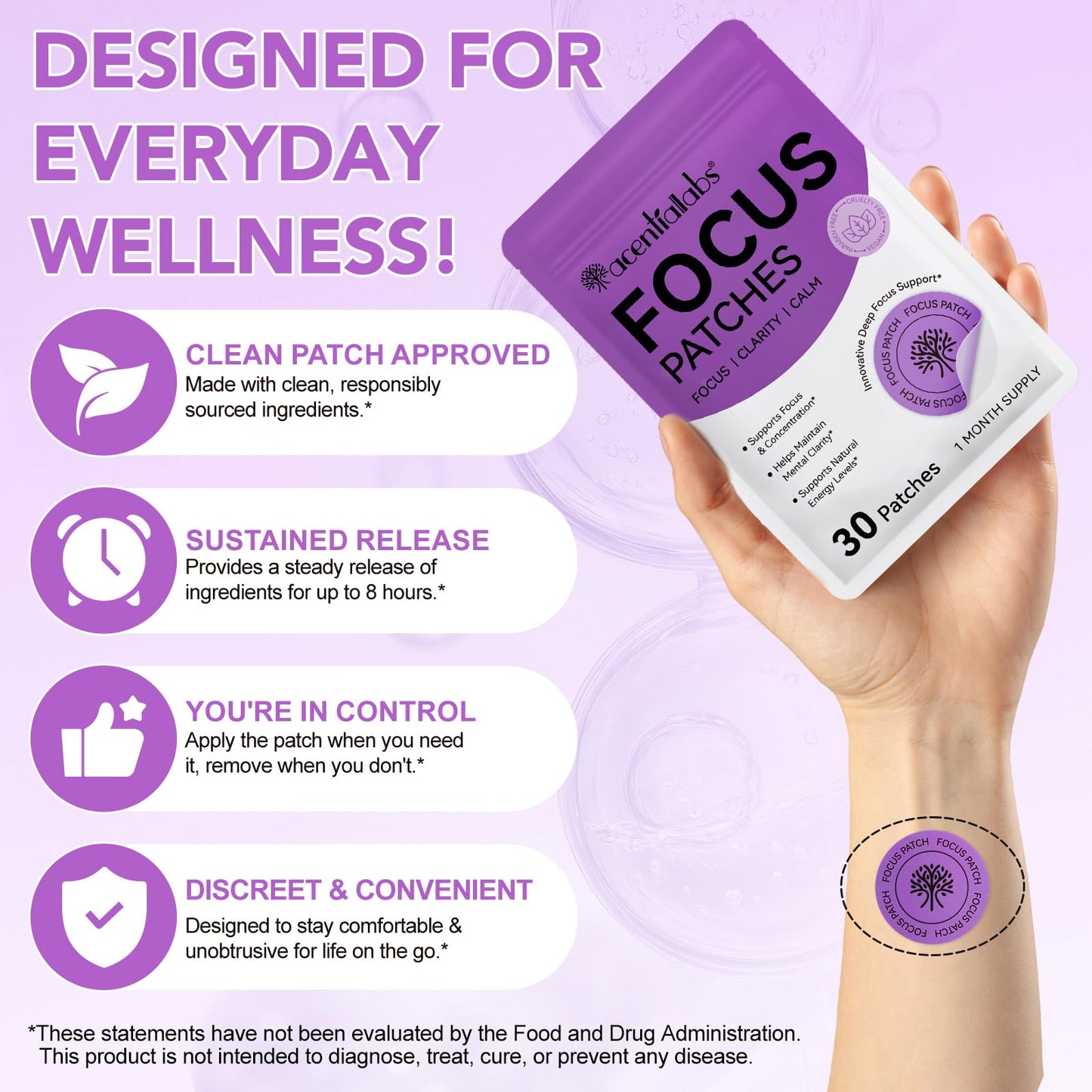 NFILVSYO Focus Patch – 100% Natural Focus Patches for Adults | Invisible & Portable | 1 Month Supply