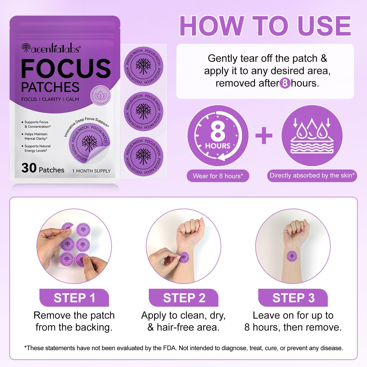 NFILVSYO Focus Patch – 100% Natural Focus Patches for Adults | Invisible & Portable | 1 Month Supply