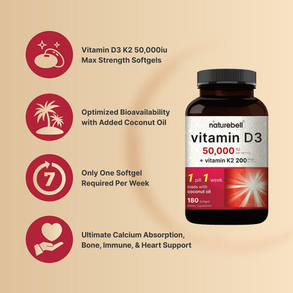 NatureBell Vitamin D3 50,000 IU + K2 200 mcg — Weekly Softgel with Coconut Oil (MK-7, Non-GMO)