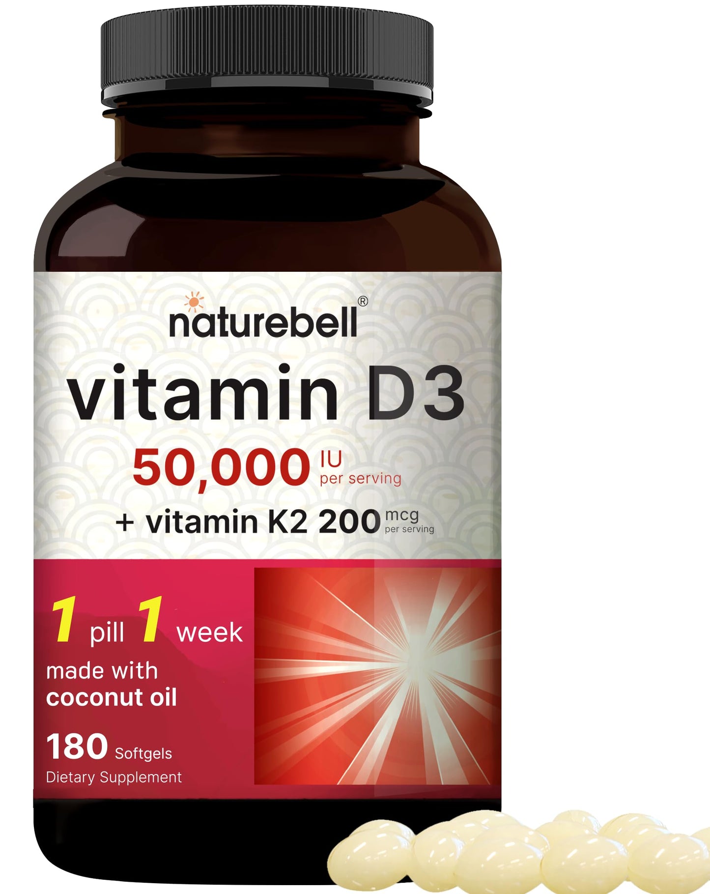 NatureBell Vitamin D3 50,000 IU + K2 200 mcg — Weekly Softgel with Coconut Oil (MK-7, Non-GMO)