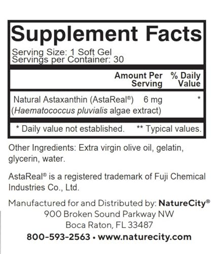 NatureCity TrueAsta 6mg Astaxanthin with AstaReal | Eye, Skin & Joint Support | 30 Soft Gels