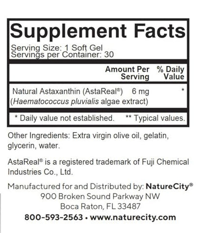 NatureCity TrueAsta 6mg Astaxanthin with AstaReal | Eye, Skin & Joint Support | 30 Soft Gels