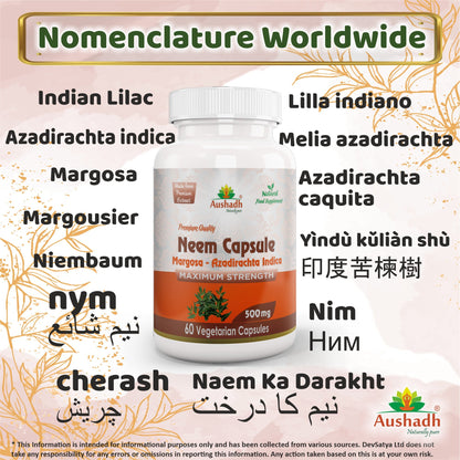 Aushadh Neem Capsules (Margosa) Skin & Immune Wellness Support - Vegan, Gluten Free, Non-GMO, 60 Capsules