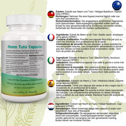 Ayushya Neem Tulsi Capsules Skin Clarity & Immune Wellness Support - Vegan, Gluten Free, Non-GMO, 60 Capsules