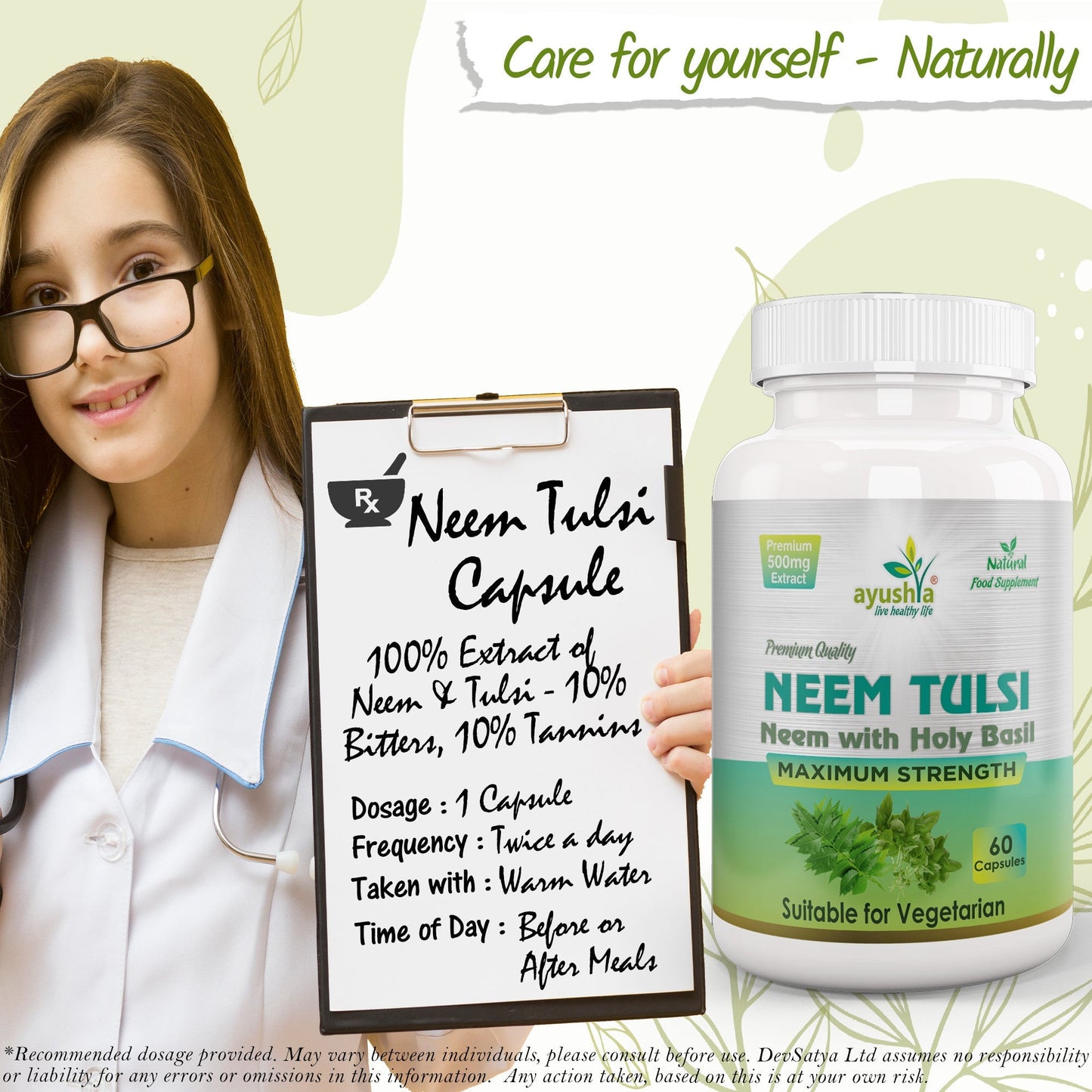 Ayushya Neem Tulsi Capsules Skin Clarity & Immune Wellness Support - Vegan, Gluten Free, Non-GMO, 60 Capsules