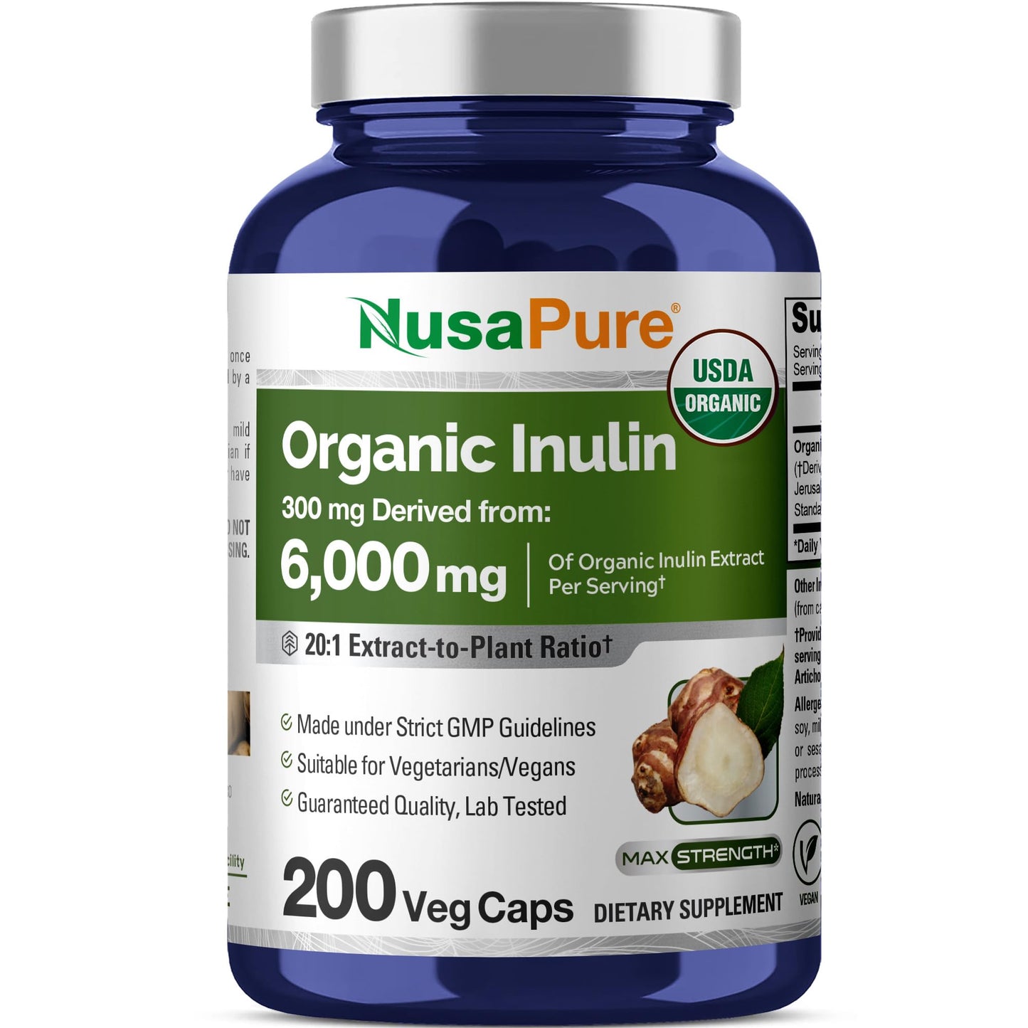 NusaPure Inulin Powder 20:1 Extract – 300 mg per Serving (equiv. 6,000 mg) | 200 Veggie Capsules | USDA Organic, Non-GMO, Vegetarian & Vegan