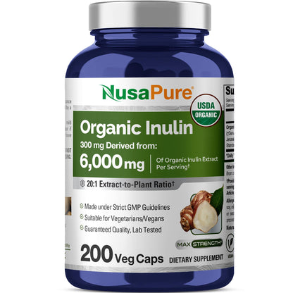 NusaPure Inulin Powder 20:1 Extract – 300 mg per Serving (equiv. 6,000 mg) | 200 Veggie Capsules | USDA Organic, Non-GMO, Vegetarian & Vegan