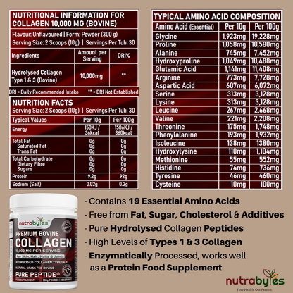 Premium Bovine Collagen Supplement Powder, 10,000 mg Pure Hydrolysed Collagen Peptides, Blended with 19 Amino Acids, Unflavoured Collagen Protein Powder Types 1 and 3, Halal & Kosher