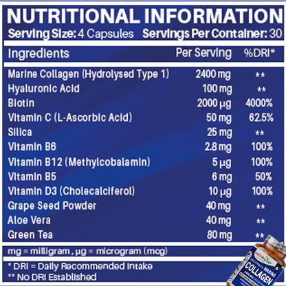 High Strength Marine Collagen Capsules 2400mg | 120 Capsules with Vitamin C, Hyaluronic Acid & Biotin | Made in UK