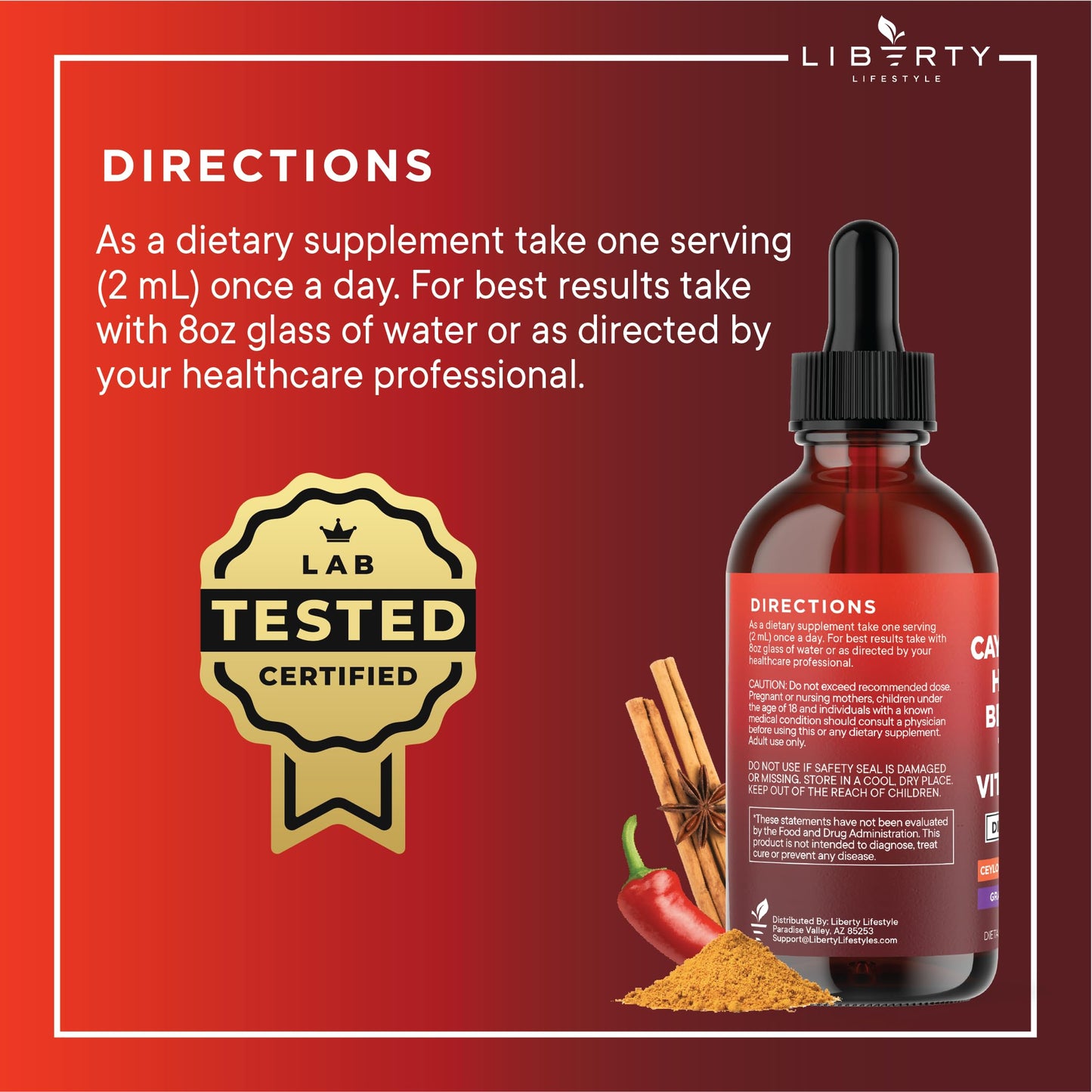 Cayenne Pepper Liquid Drops with Hawthorn Berry, D3 K2, Beet Root, Cinnamon & Turmeric - 2oz