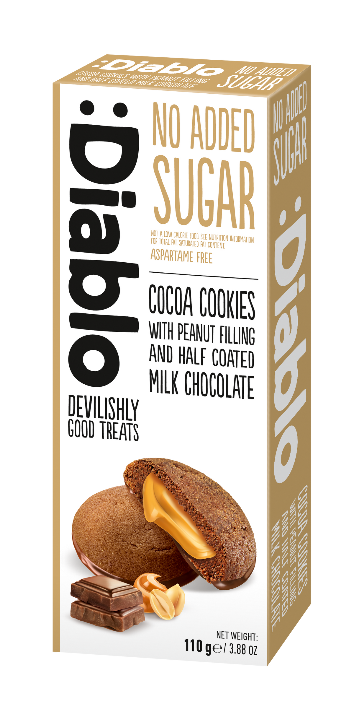 Cocoa Cookies with Peanut Filling and Half Coated Milk Chocolate (110g) Diablo Sugar Free