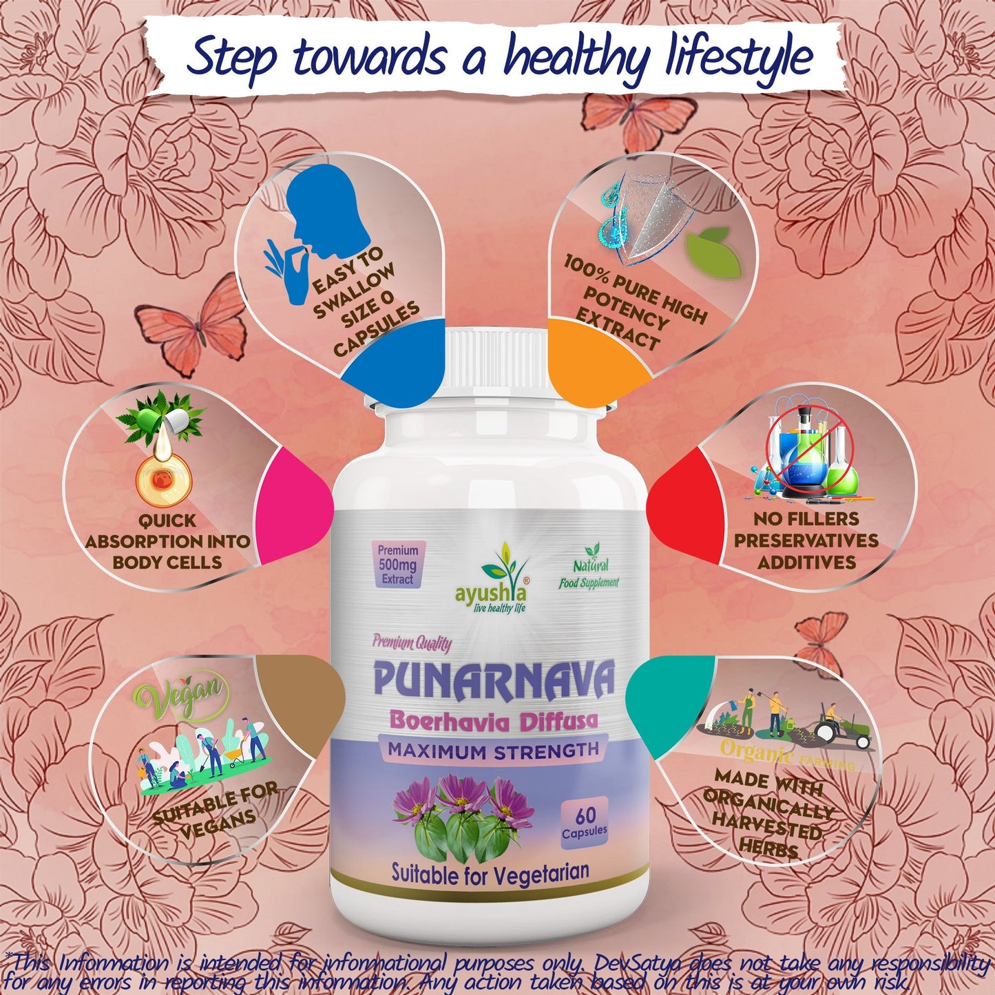 Ayushya Punarnava Capsules (Boerhavia Diffusa, Hogweed) Urinary Wellness Support - Vegan, Gluten Free, Non-GMO, 60 Capsules