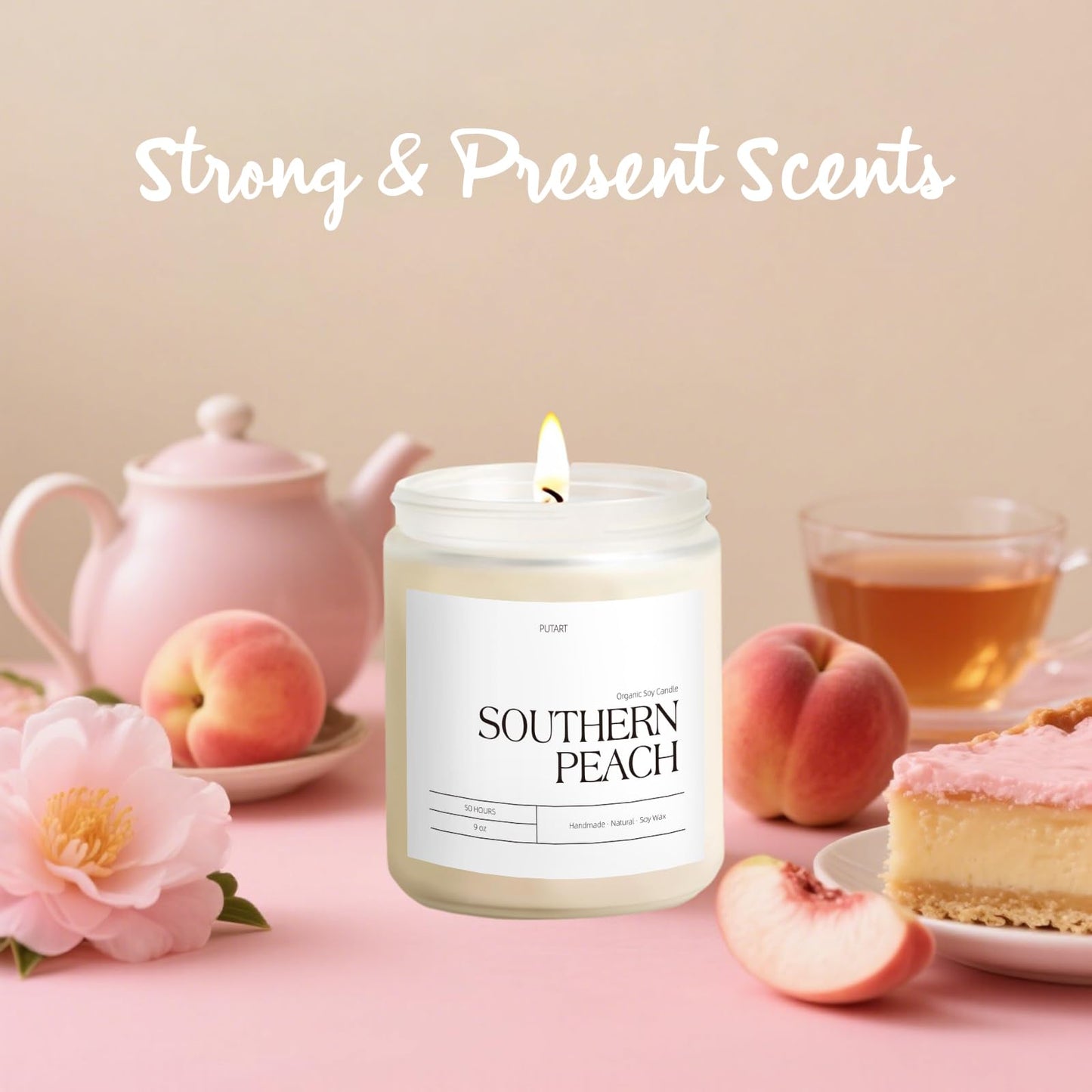 Putart Peach Scented Candle – 9oz Natural Soy Wax, Aromatherapy for Stress Relief