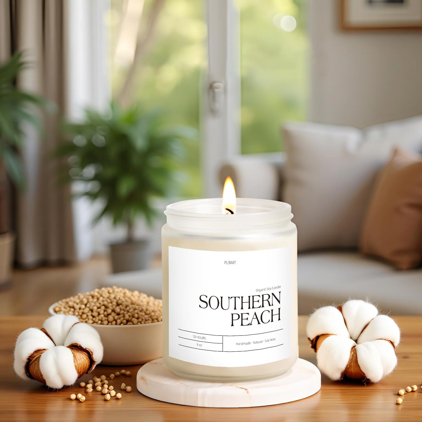 Putart Peach Scented Candle – 9oz Natural Soy Wax, Aromatherapy for Stress Relief