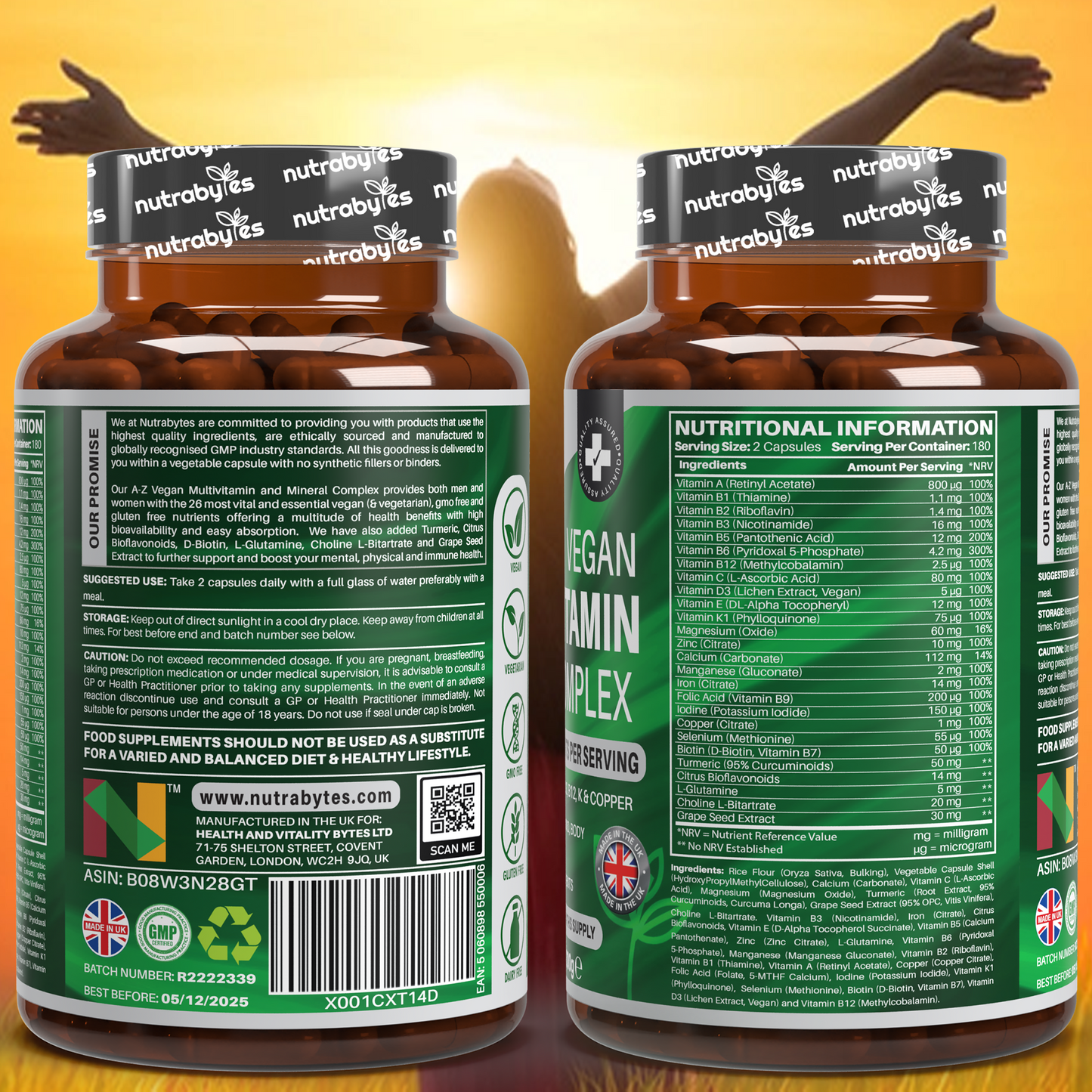 Vegan A-Z Multivitamin & Mineral Complex (26 Essential Nutrients), 360 Capsules (6 months) | Healthy Mind, Body and Immune System | Made in the UK
