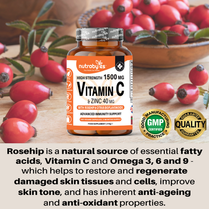 High Strength Vitamin C 1500mg and Zinc 40mg | High Strength Vegan Capsules | Advanced Immunity Support | Sugar Free | 3 Months Supply | Made in the UK