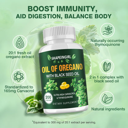 SHAPEINGIRL Organic Oregano Oil Capsules with Black Seed Oil | 200 Softgels