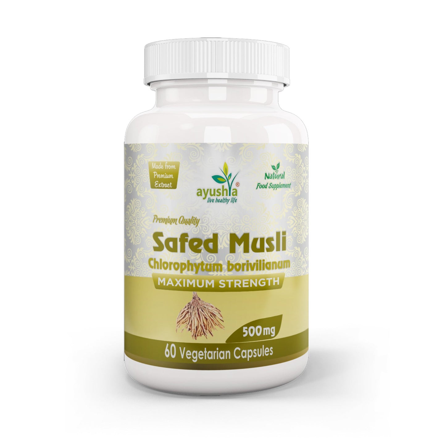 Ayushya Safed Musli Capsules (Chlorophytum Borivilianum) Strength & Stamina Support - Vegan, Gluten Free, Non-GMO, 60 Capsules