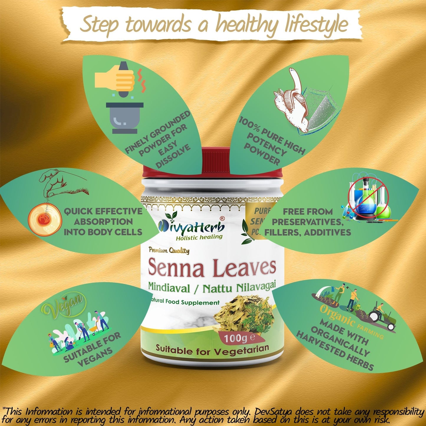 DivyaHerb Senna Leaves Powder 100 gram - Bowel Regularity Support
