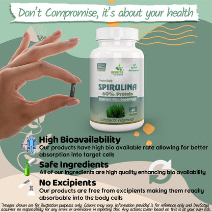 Ayushya Spirulina Capsules (Blue-Green Algae) Energy & Nutrition Support - Vegan, Gluten Free, Non-GMO, 60 Capsules