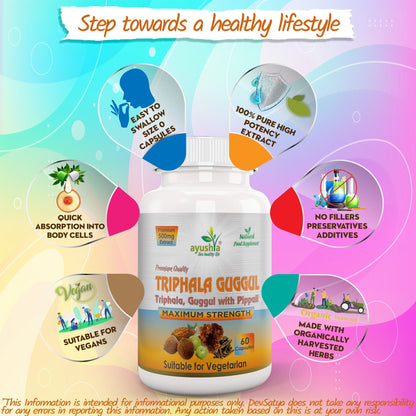 Ayushya Triphala Guggul Capsules (Triphala Guggulu) Healthy Weight & Joint Comfort Support - Vegan, Gluten Free, Non-GMO, 60 Capsules