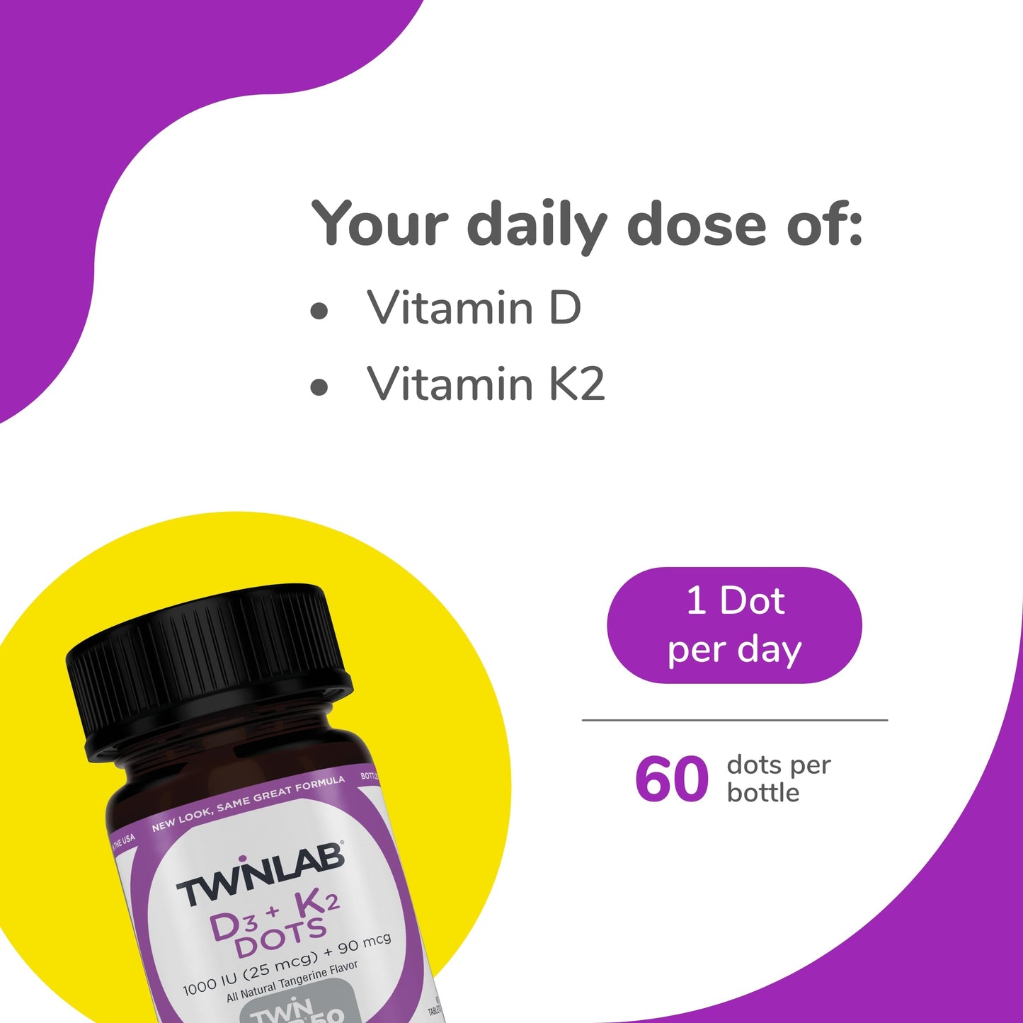 Twinlab Vitamin D3 1000 + K2 Dots – Bone & Heart Health, Immune Support | 60 Tablets (1000 IU)