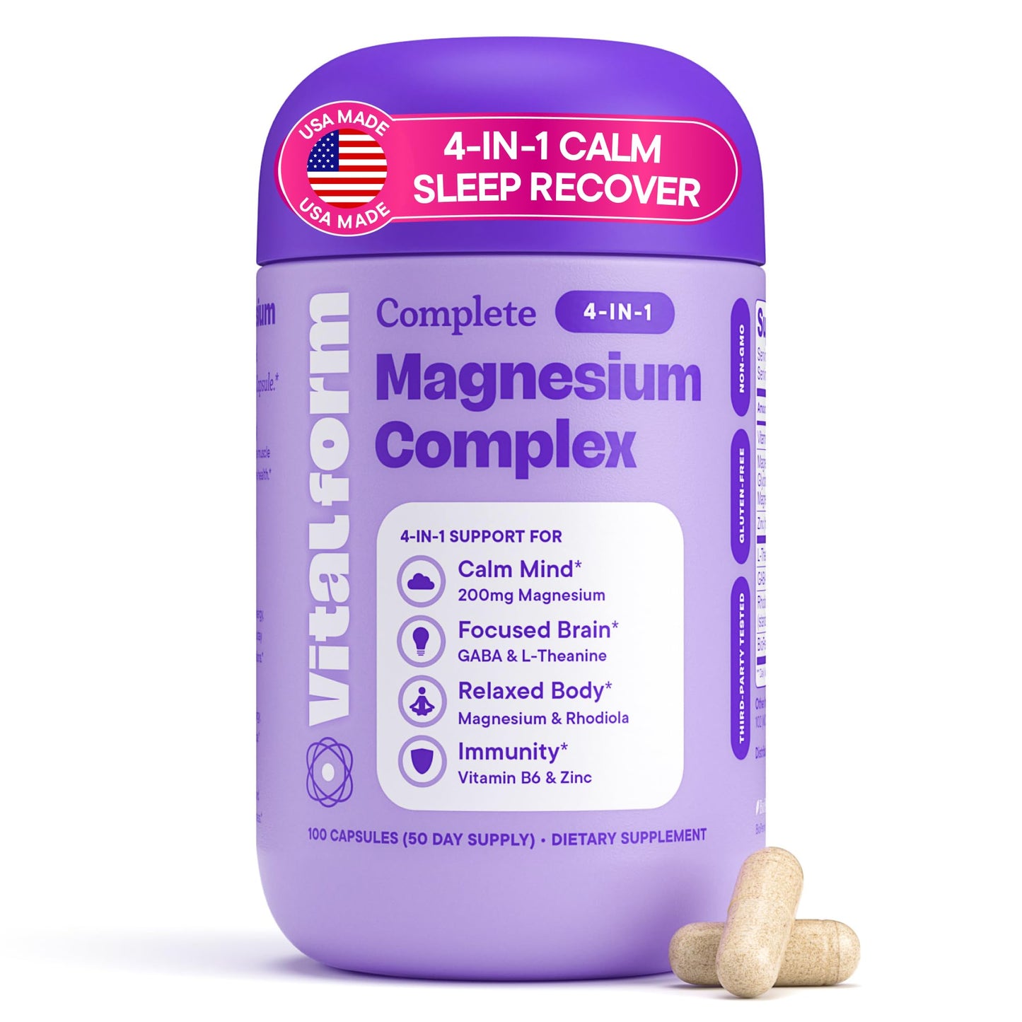 VitalForm Magnesium Glycinate 200mg – 4-in-1 Stress, Sleep, Mood & Recovery – 100 Vegan Capsules – Non-GMO