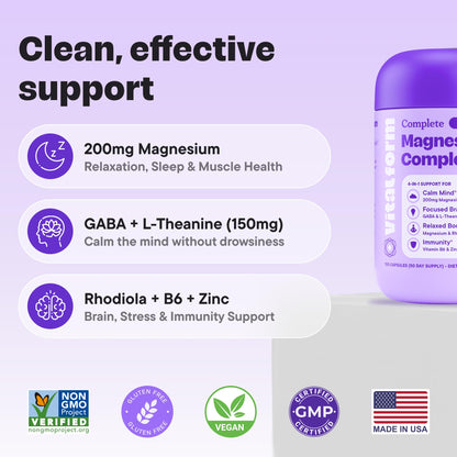 VitalForm Magnesium Glycinate 200mg – 4-in-1 Stress, Sleep, Mood & Recovery – 100 Vegan Capsules – Non-GMO