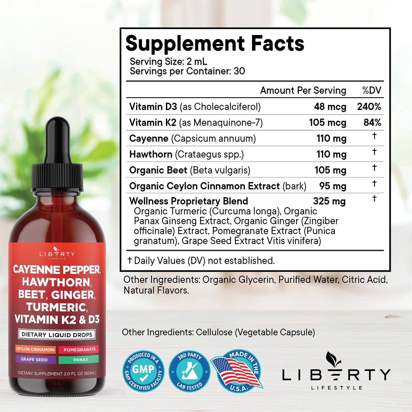 Cayenne Pepper Liquid Drops with Hawthorn Berry, D3 K2, Beet Root, Cinnamon & Turmeric - 2oz