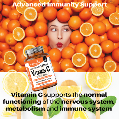 High Strength Vitamin C 1500mg and Zinc 40mg | High Strength Vegan Capsules | Advanced Immunity Support | Sugar Free | 3 Months Supply | Made in the UK