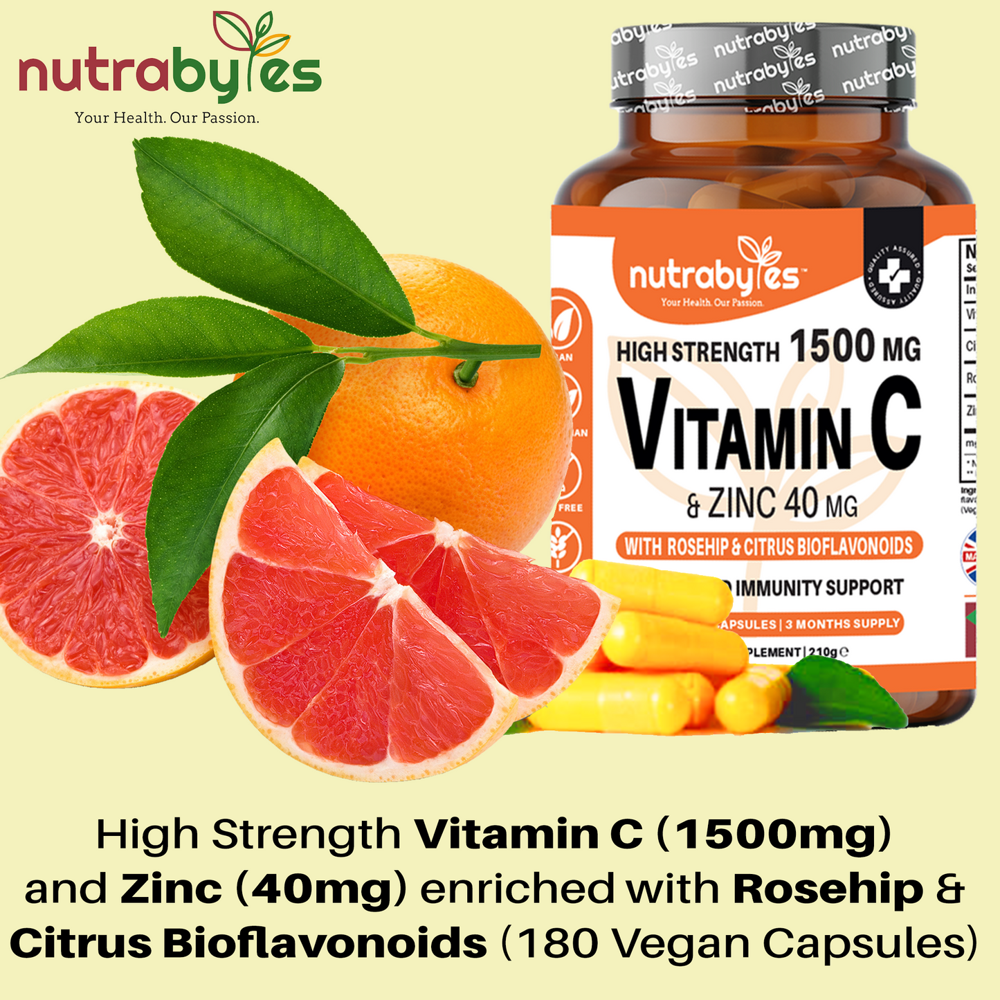 High Strength Vitamin C 1500mg and Zinc 40mg | High Strength Vegan Capsules | Advanced Immunity Support | Sugar Free | 3 Months Supply | Made in the UK