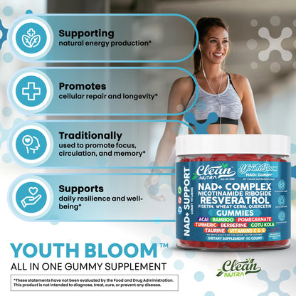Youth Bloom NAD+ Gummies - Resveratrol, Turmeric & Collagen (60 Ct) | Clean Nutra