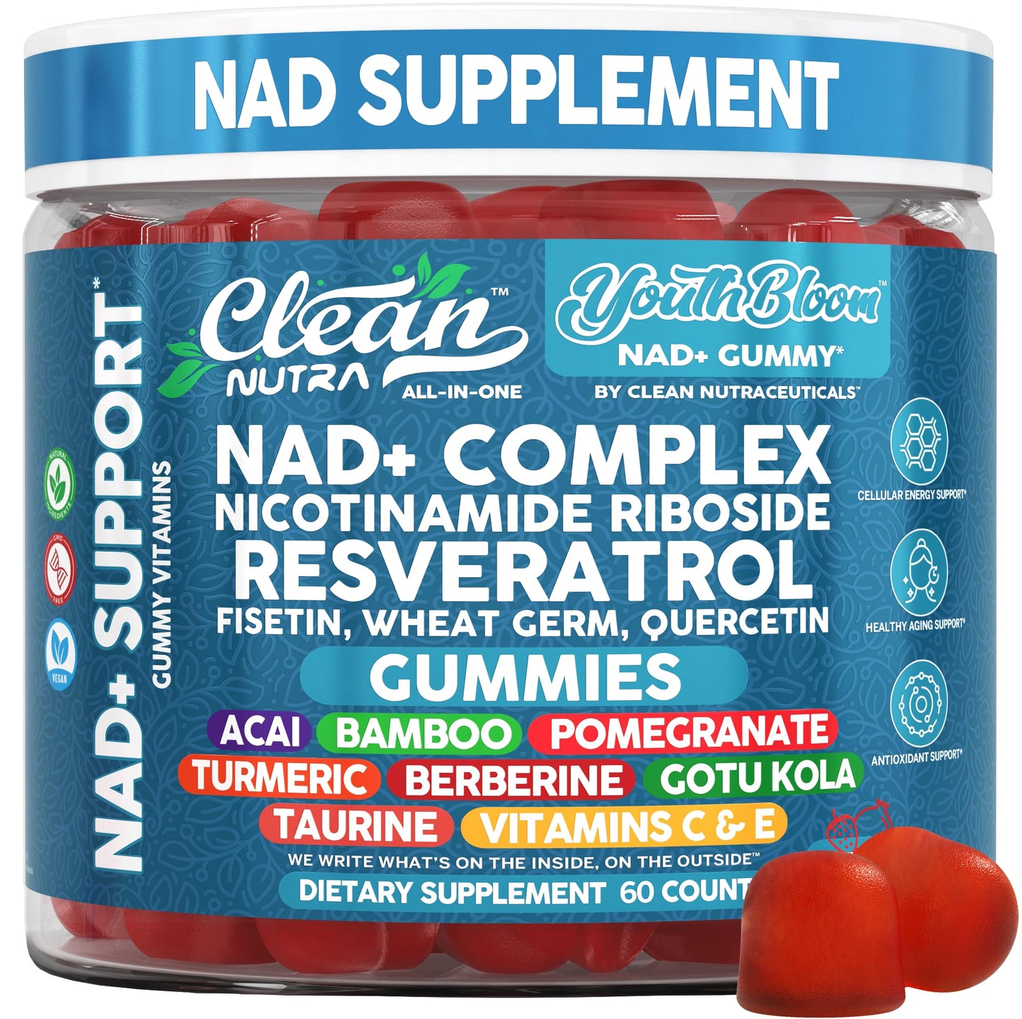 Youth Bloom NAD+ Gummies - Resveratrol, Turmeric & Collagen (60 Ct) | Clean Nutra