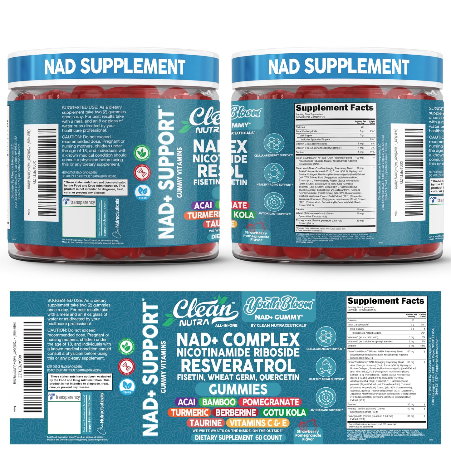Youth Bloom NAD+ Gummies - Resveratrol, Turmeric & Collagen (60 Ct) | Clean Nutra