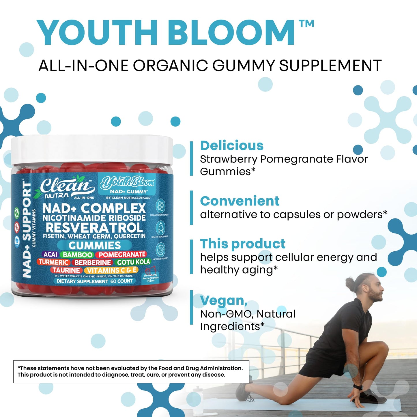 Youth Bloom NAD+ Gummies - Resveratrol, Turmeric & Collagen (60 Ct) | Clean Nutra