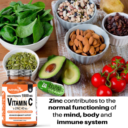 High Strength Vitamin C 1500mg and Zinc 40mg | High Strength Vegan Capsules | Advanced Immunity Support | Sugar Free | 3 Months Supply | Made in the UK