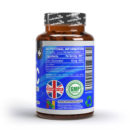 Zinc (Gluconate) 50mg | Maximum Strength, Pure Zinc Capsules | 180 Vegan Capsules | 6 Months Supply | Immunity Support, Eye & Skin Health | Made in the UK