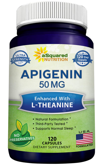 aSquared Nutrition Apigenin 50mg & L-Theanine 200mg – 120 Capsules for Sleep & Relaxation