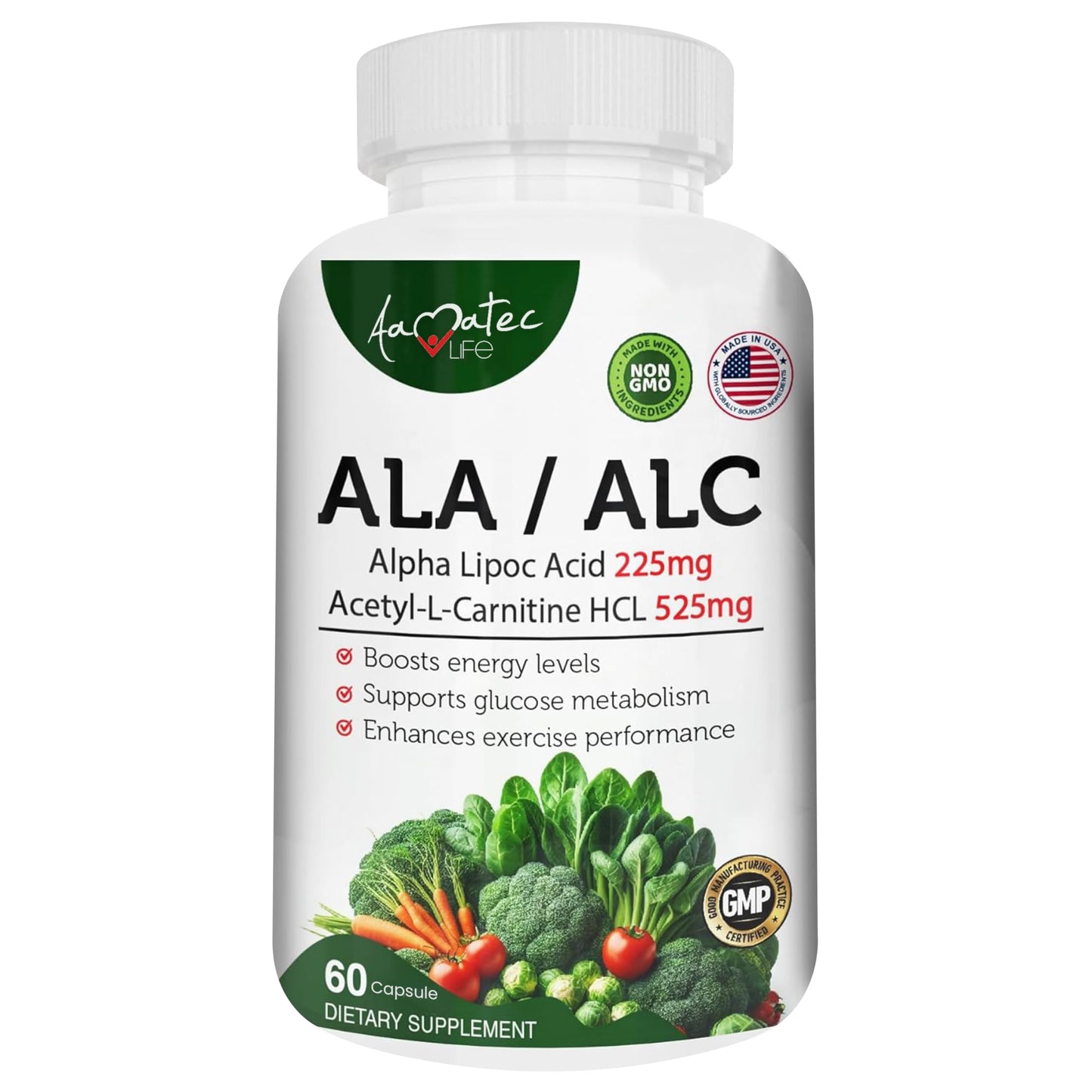 AAMATEC LIFE ALA/ALC High Potency Formula – Alpha Lipoic Acid & Acetyl-L-Carnitine HCl, Antioxidant Support, Energy Boost – 60 Capsules