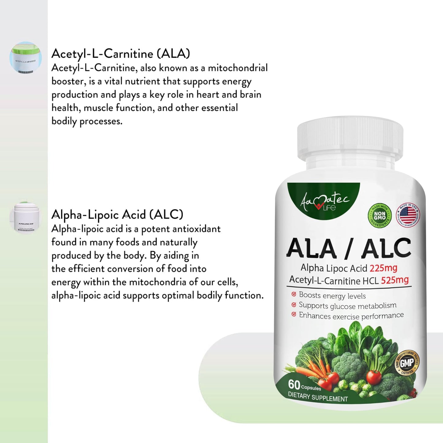 AAMATEC LIFE ALA/ALC High Potency Formula – Alpha Lipoic Acid & Acetyl-L-Carnitine HCl, Antioxidant Support, Energy Boost – 60 Capsules