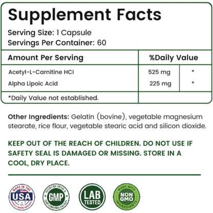 AAMATEC LIFE ALA/ALC High Potency Formula – Alpha Lipoic Acid & Acetyl-L-Carnitine HCl, Antioxidant Support, Energy Boost – 60 Capsules