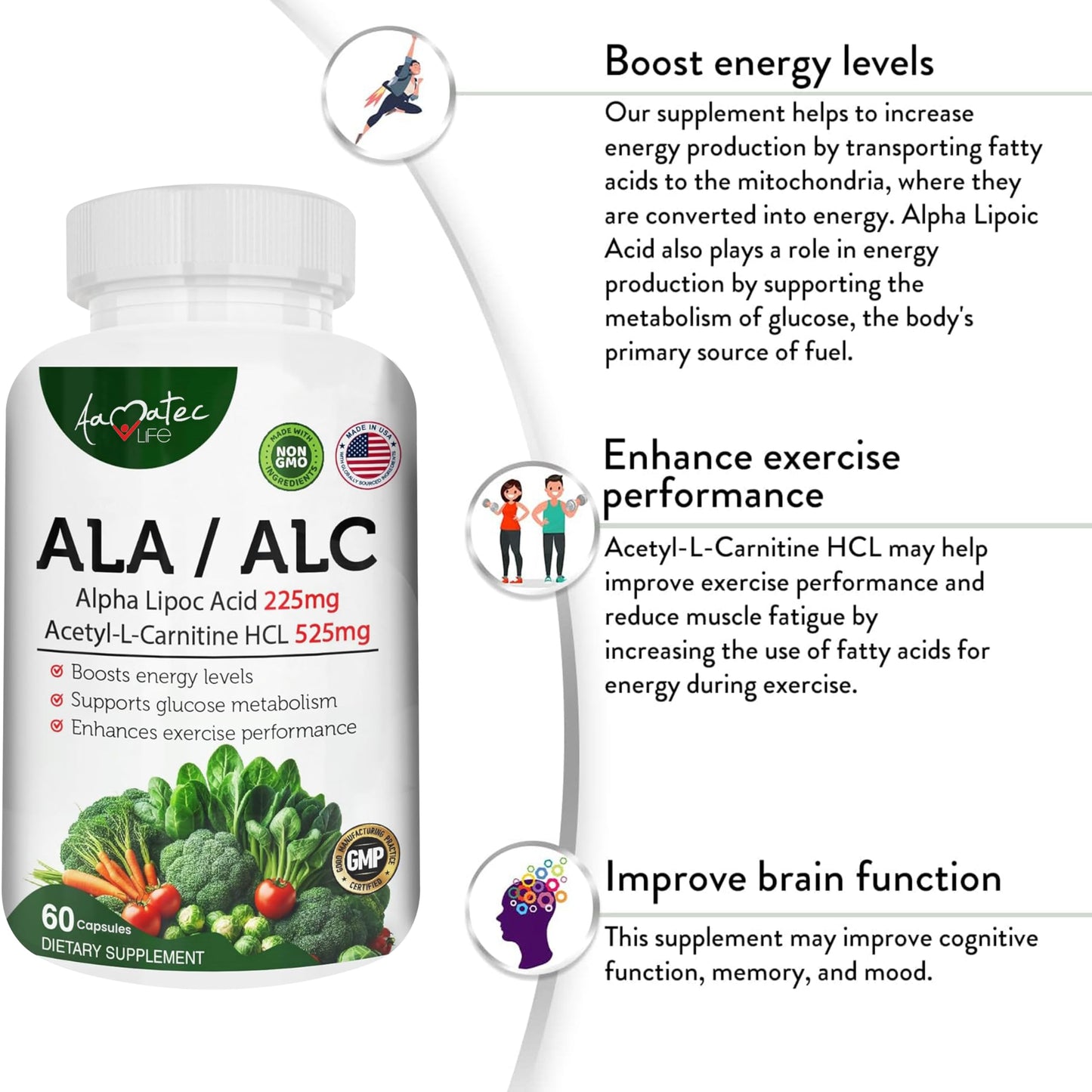 AAMATEC LIFE ALA/ALC High Potency Formula – Alpha Lipoic Acid & Acetyl-L-Carnitine HCl, Antioxidant Support, Energy Boost – 60 Capsules