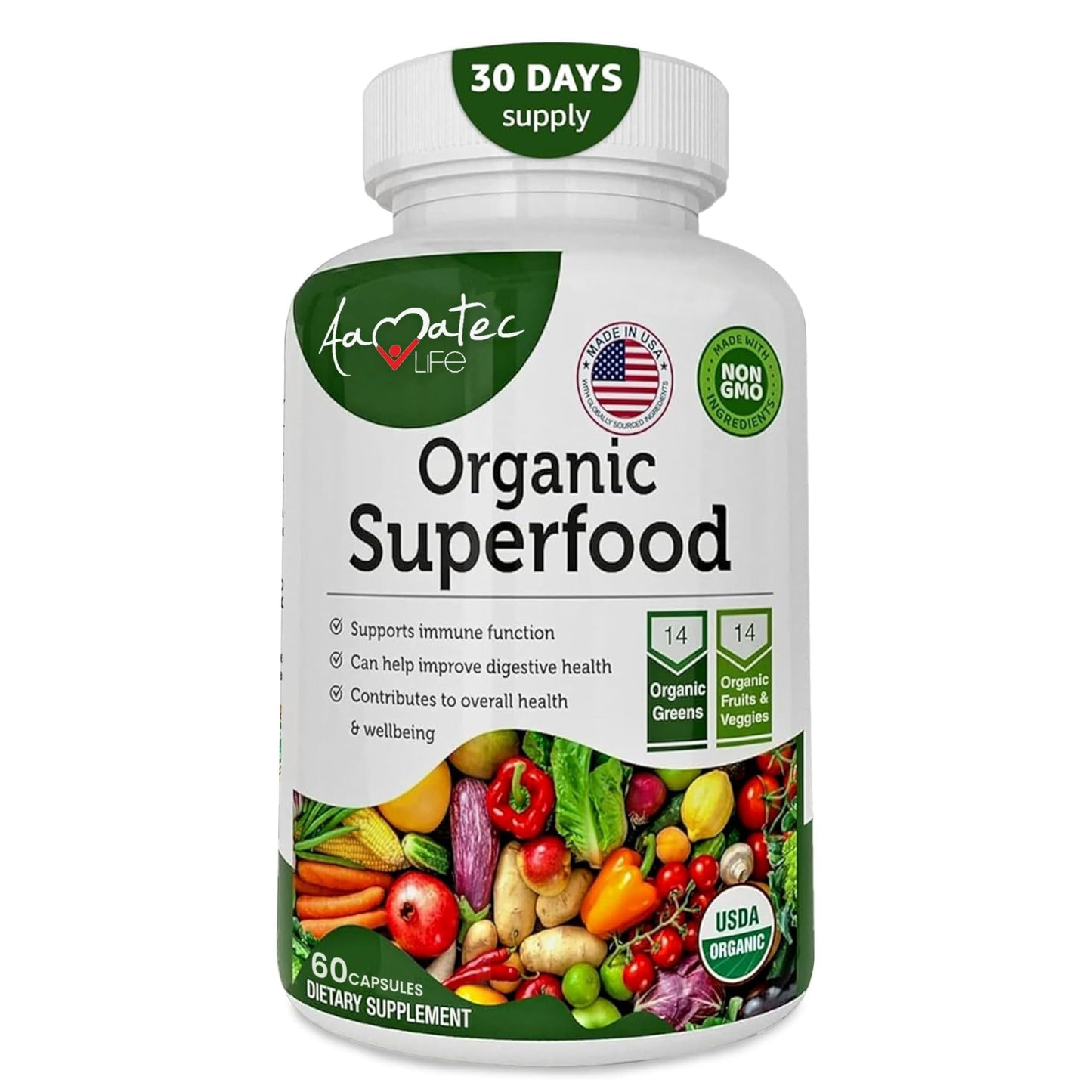 Aamatec Life Organic Superfood: 14 Greens & 14 Fruits, Non-GMO, 60 Capsules