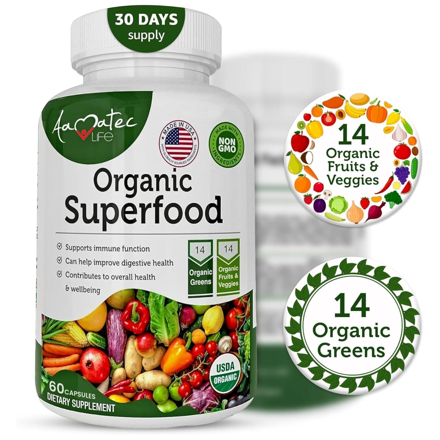 Aamatec Life Organic Superfood: 14 Greens & 14 Fruits, Non-GMO, 60 Capsules