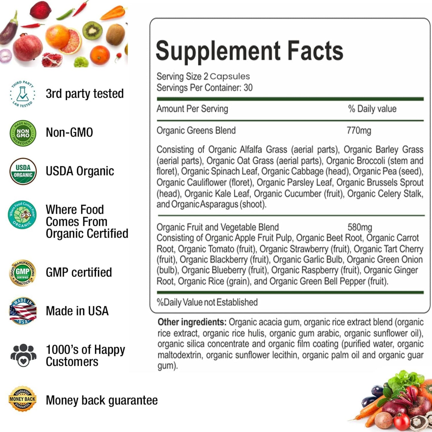 Aamatec Life Organic Superfood: 14 Greens & 14 Fruits, Non-GMO, 60 Capsules