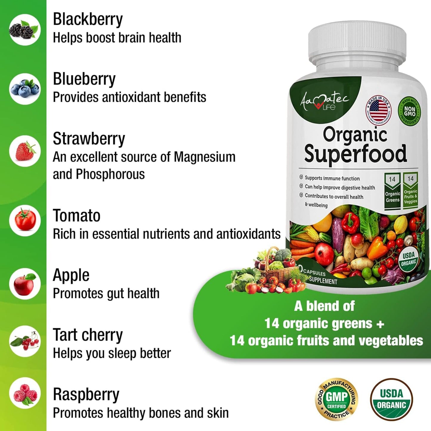 Aamatec Life Organic Superfood: 14 Greens & 14 Fruits, Non-GMO, 60 Capsules