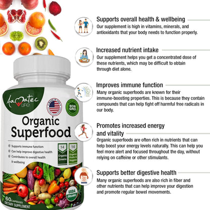 Aamatec Life Organic Superfood: 14 Greens & 14 Fruits, Non-GMO, 60 Capsules