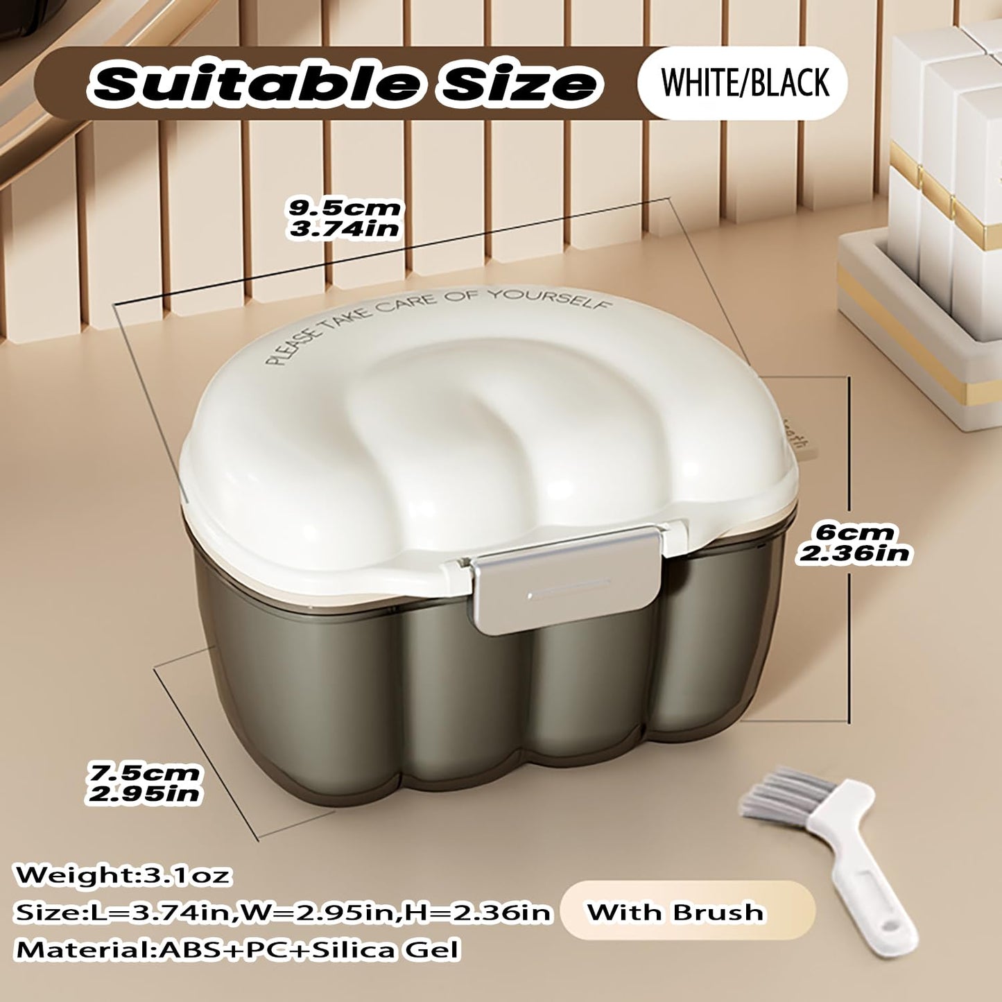 AARAINBOW 2-in-1 Retainer Cleaner Case – Leak-Proof Denture Bath Box with Strainer Basket (D White)