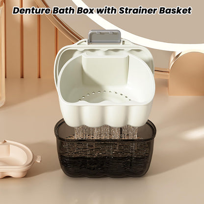 AARAINBOW 2-in-1 Retainer Cleaner Case – Leak-Proof Denture Bath Box with Strainer Basket (D White)
